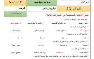 حل ورقة عمل ارتباط العناصر علوم الصف الثالث المتوسط الفصل الثاني