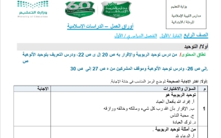أوراق عمل دراسات اسلامية الصف الرابع الابتدائي الفصل الأول